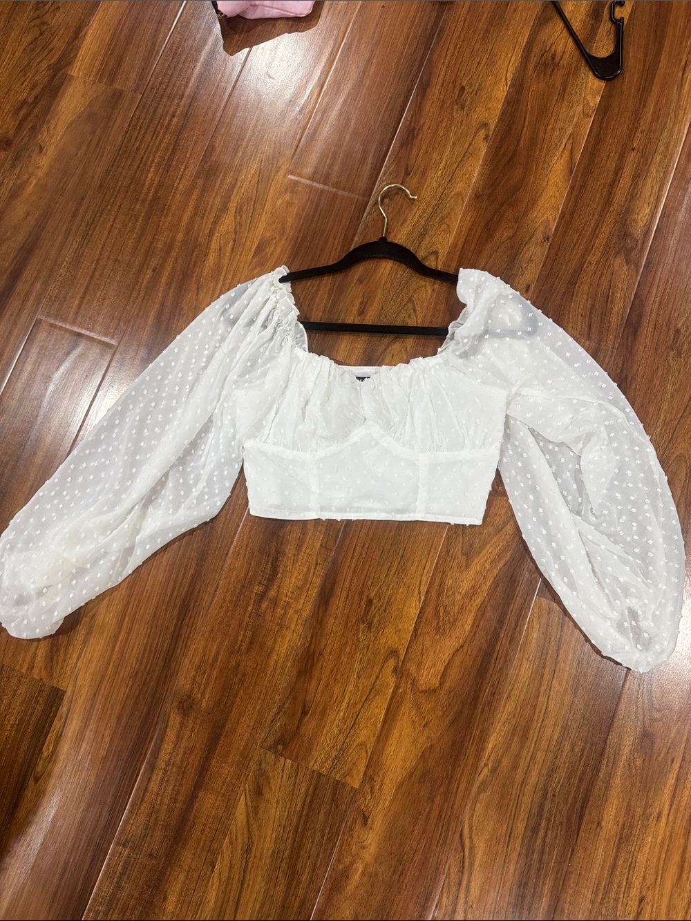 Smocked Swiss Dot Off-Shoulder Crop Top - White